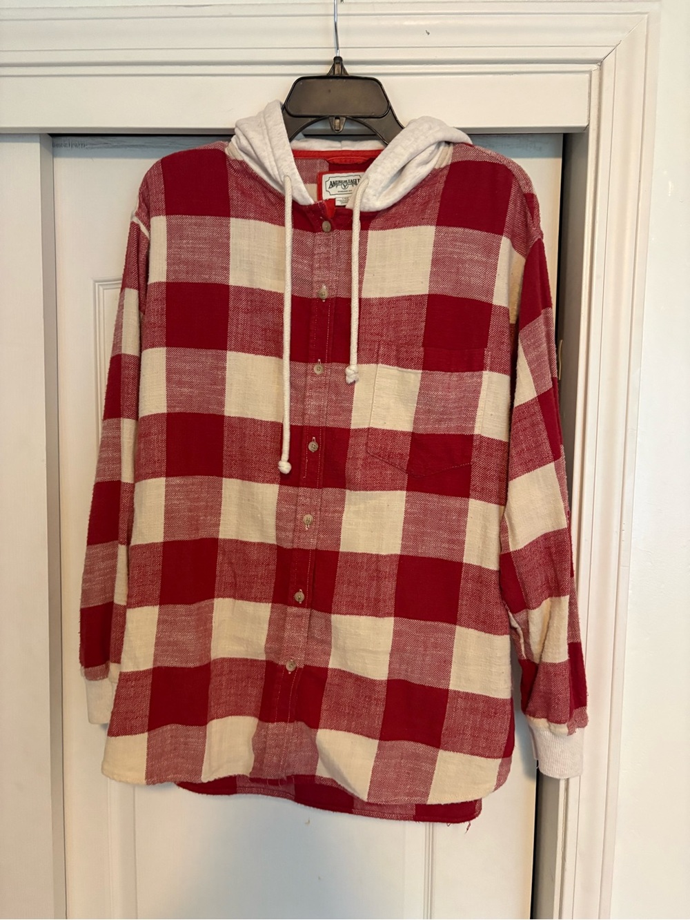 American Eagle Outfitters Red & Cream Plaid Hooded Button-Down Shirt